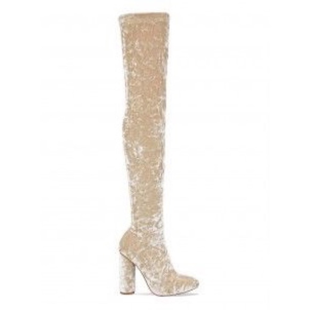 Velvet thigh high heeled boots